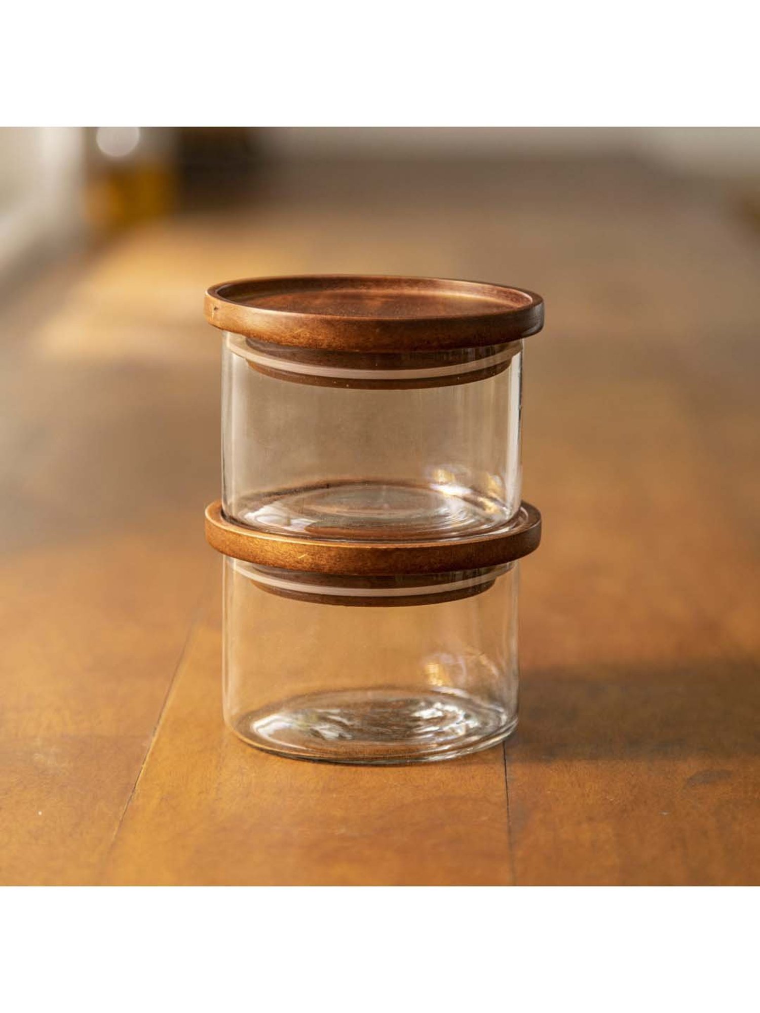Ellementry 'Stackable' Transparent & Brown Glass 10 cm Masala Container (0.15 L) - Set of 2