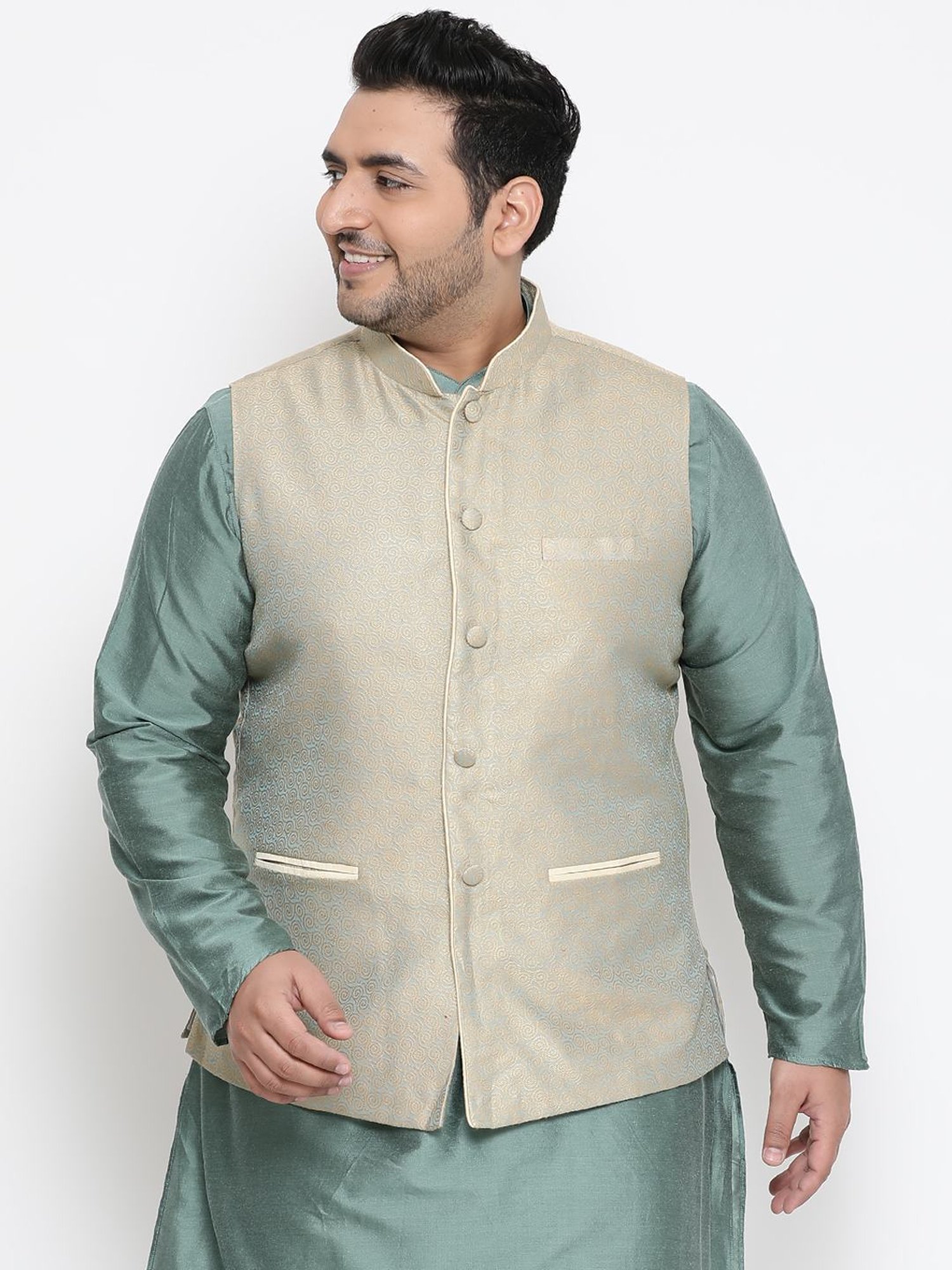 KISAH PLUS Sage Green Regular Fit Jacquard Nehru Jacket
