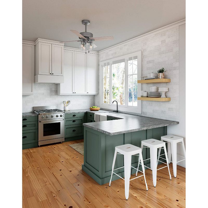 Hunter Fan Company Pelston 44 Inch Indoor Home Small Room 3 Speed Ceiling Fan w/ LED Light, 5 Light Gray Oak Blades, & Pull Chain, Silver