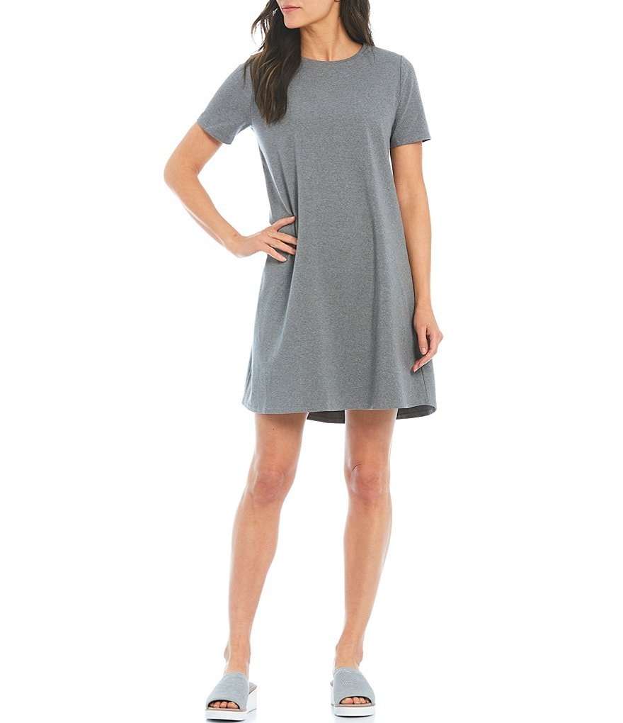 Eileen Fisher Organic Cotton Heathered Jersey Crew Neck Short Sleeve Knee Length Dress