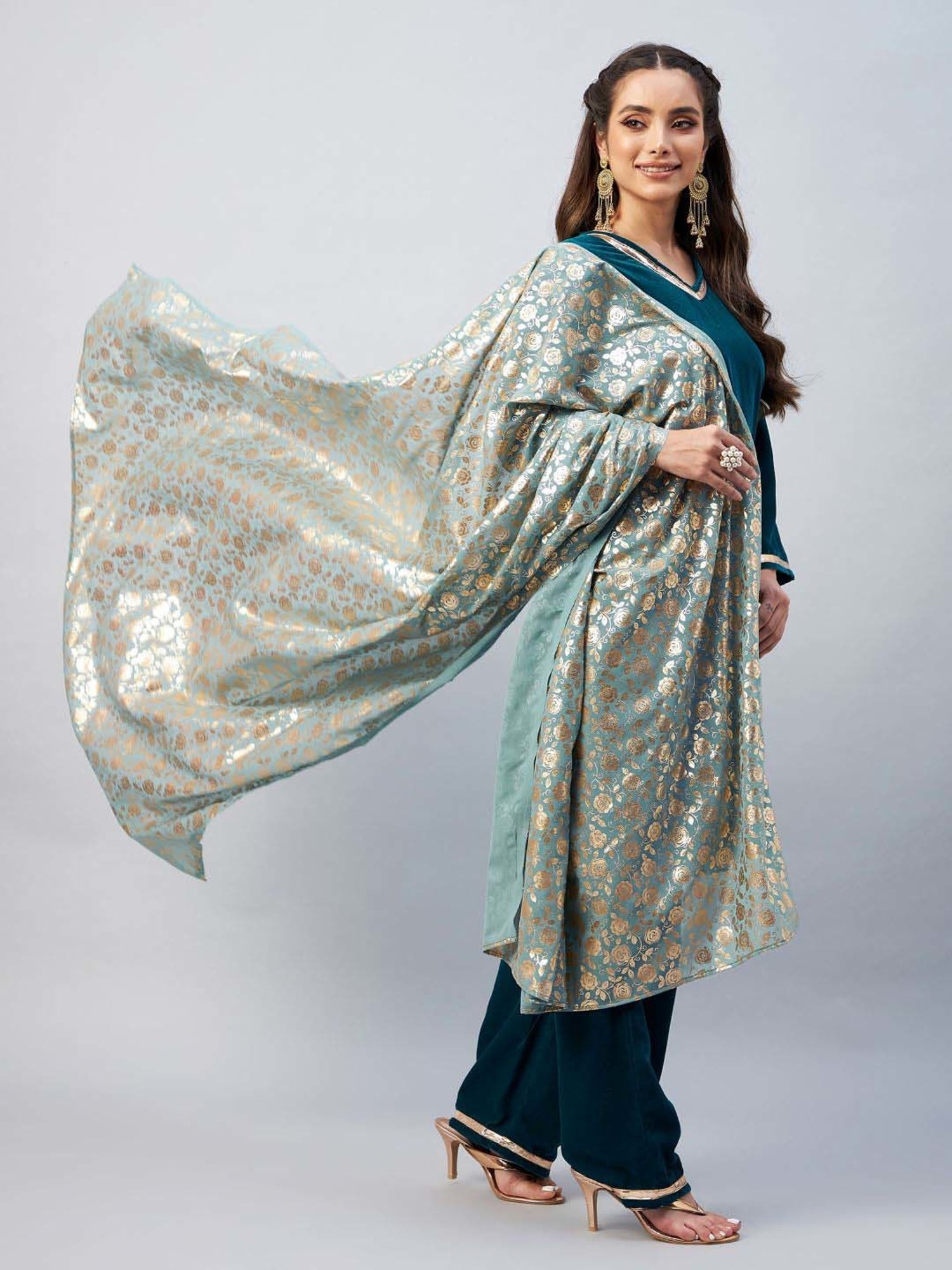 Inweave Blue & Golden Floral Print Dupatta