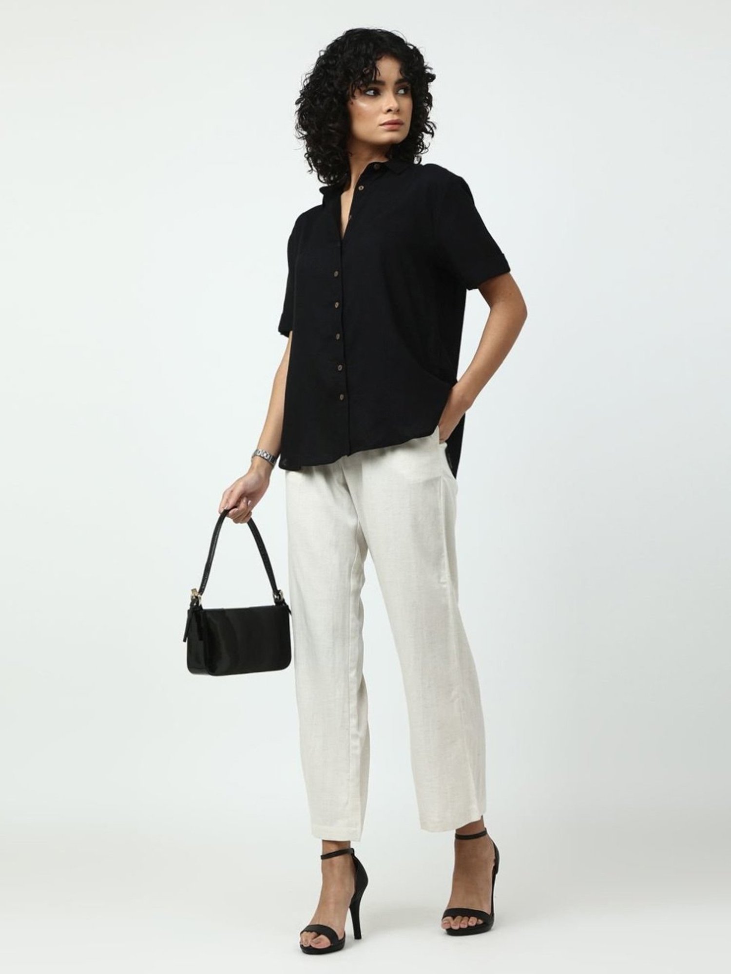 Saltpetre Elegant Linen Black Shirt and Cream Wide Leg Trouser Coord Set