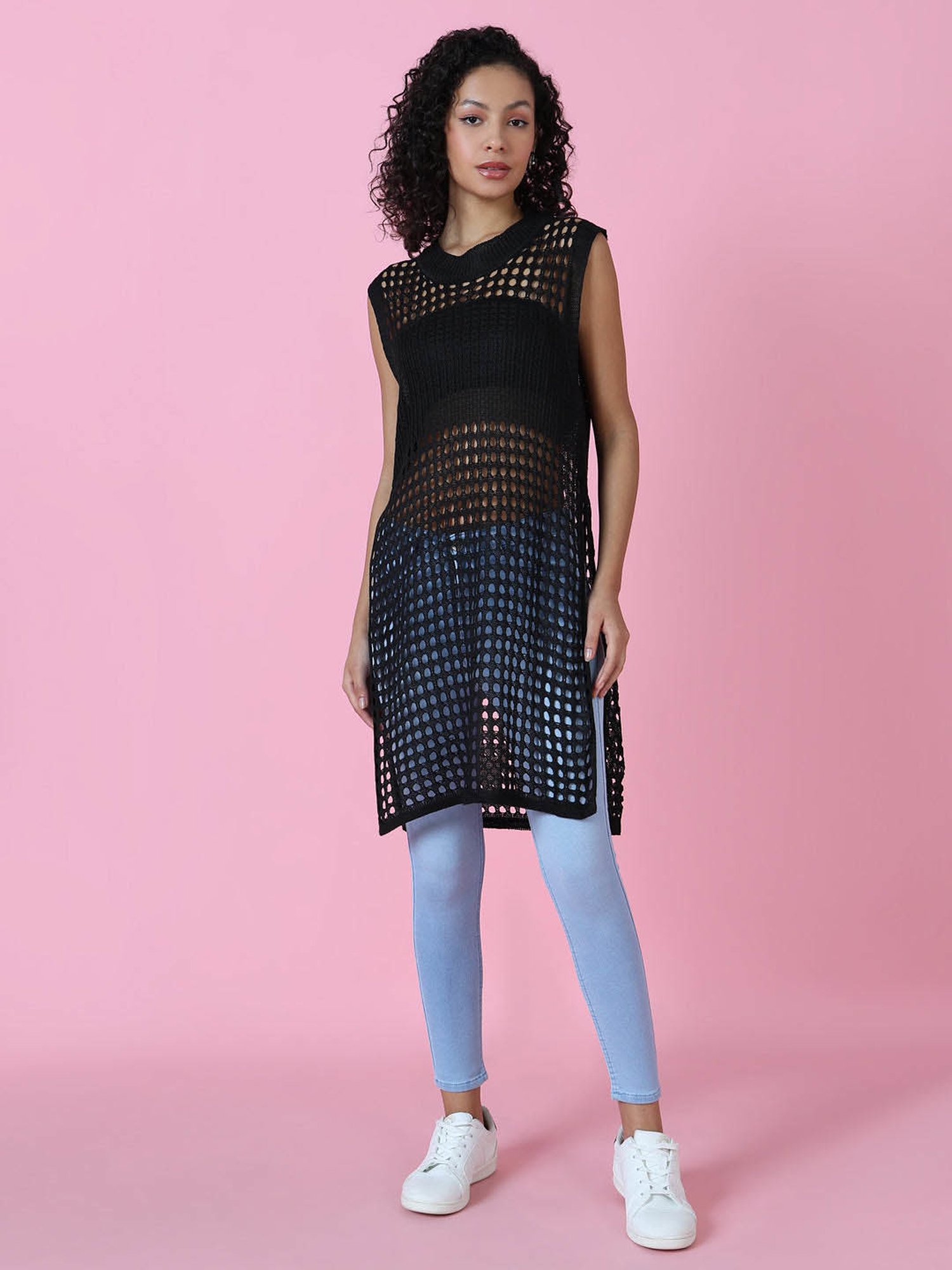 SHOWOFF Black Self Design Longline Top