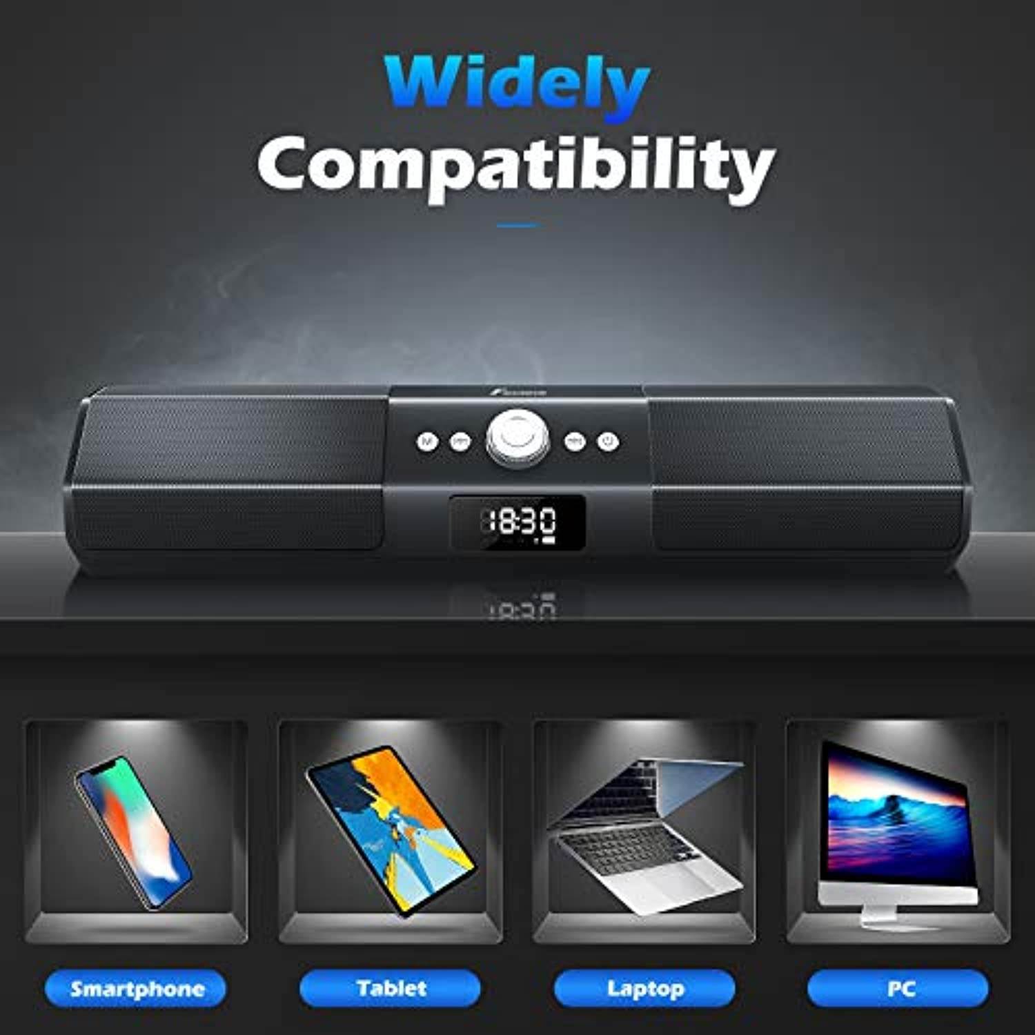 Sound Bar Wireless Speakers: Foxnovo 105dB Deep Bass Soundbar - with Sound Guide Port Home Theater Audio TV Soundbar - with 1.8" LCD Display Noise Filter Sound Bars for TV | PC | Cellphone | Tablets