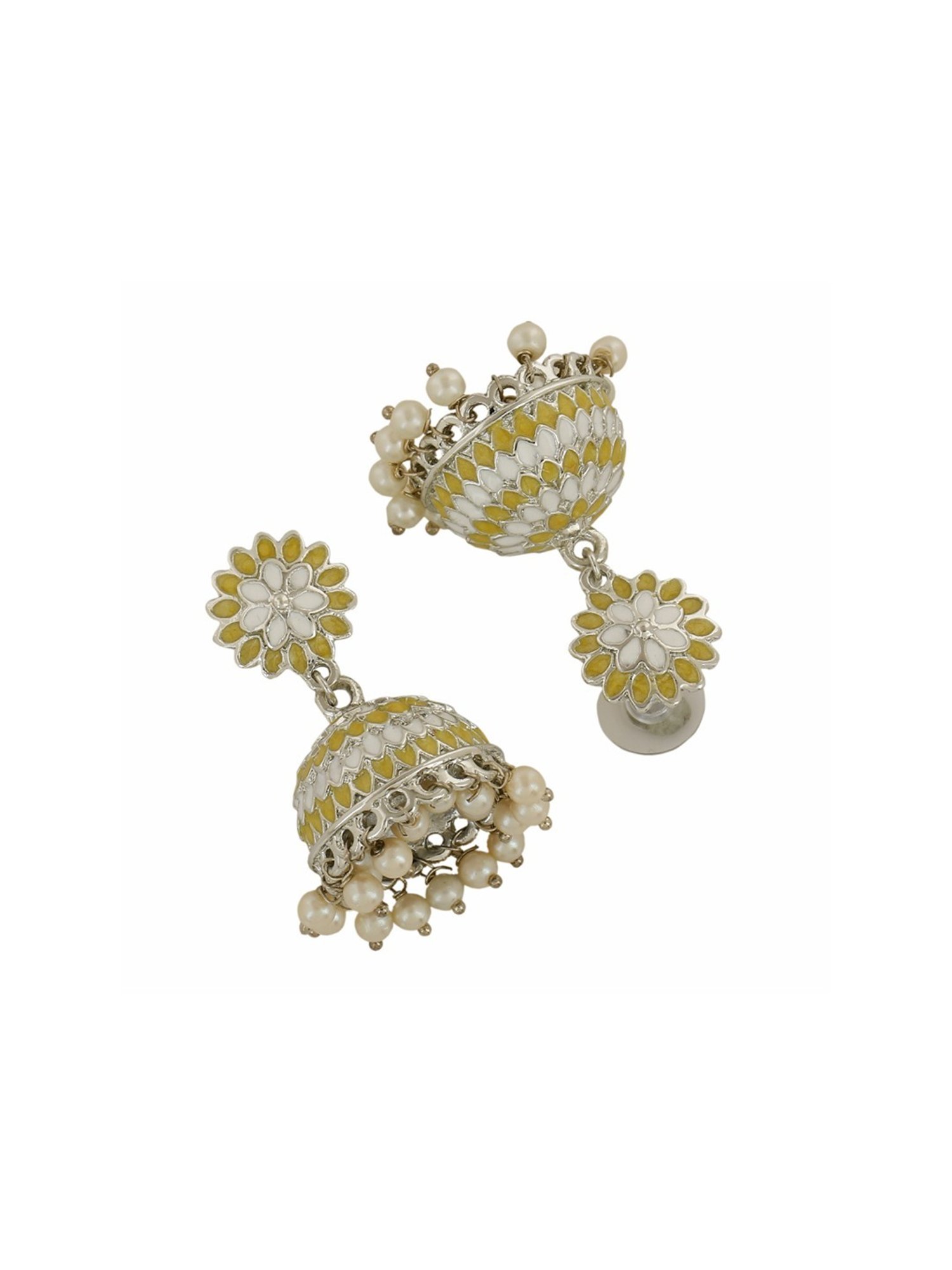 Estele Rhodium-Plated Traditional Yellow & White Meenakari Jhumki Earrings