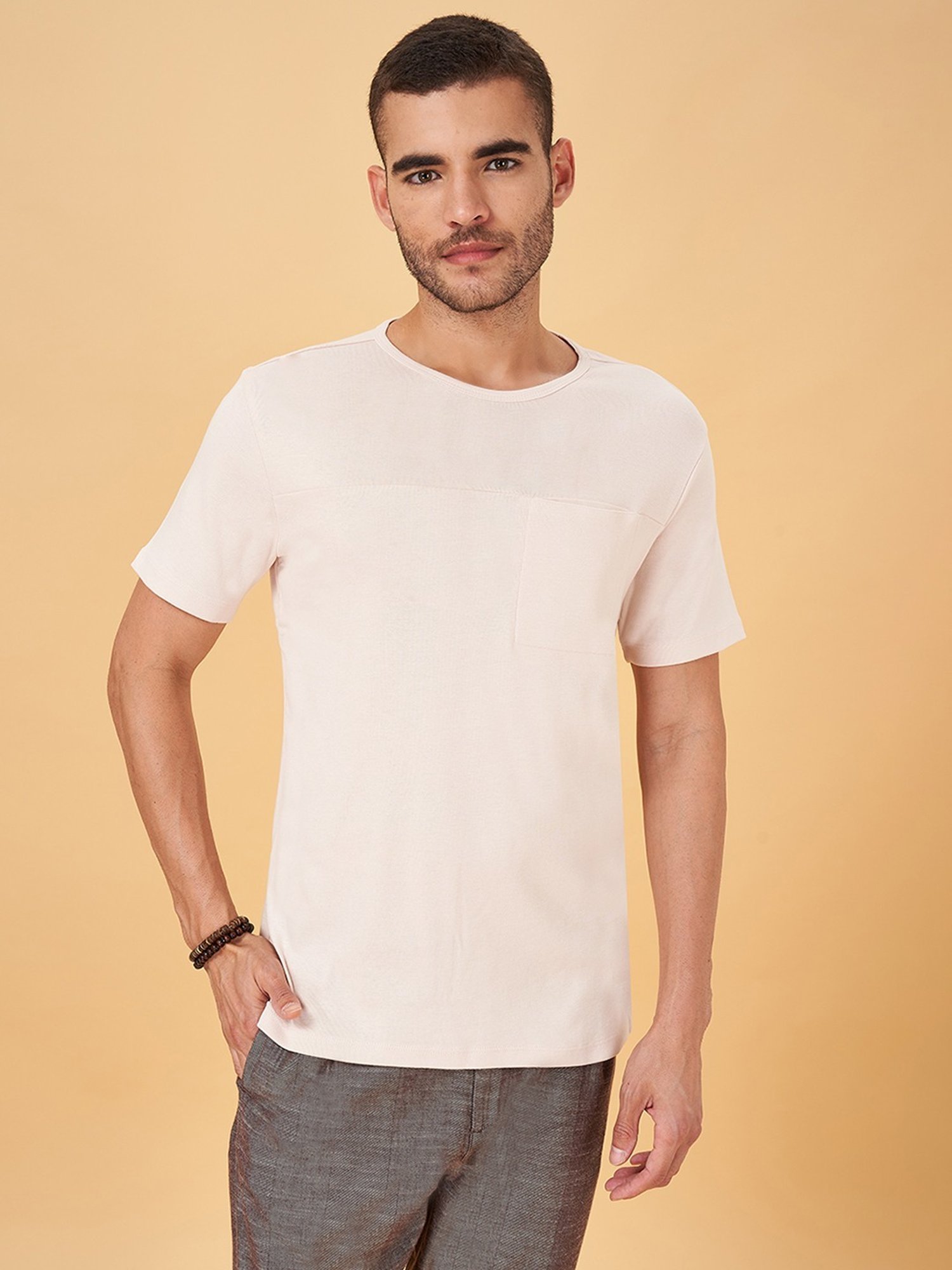 7 Alt by Pantaloons Beige Cotton Slim Fit T-Shirt