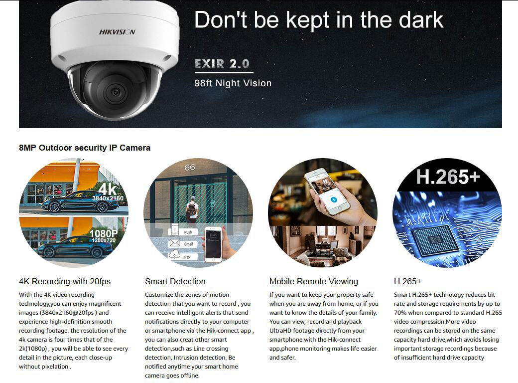 Hikvision 8MP H265+ 4K HD DS-2CD2183G0-I PoE IP Network Dome Security Camera with EXIR 98ft Night Vision, Smart H.265+ WDR, SD Card Slot, ONVIF, IP67 [English Version] (4mm Lens,4-Pack)