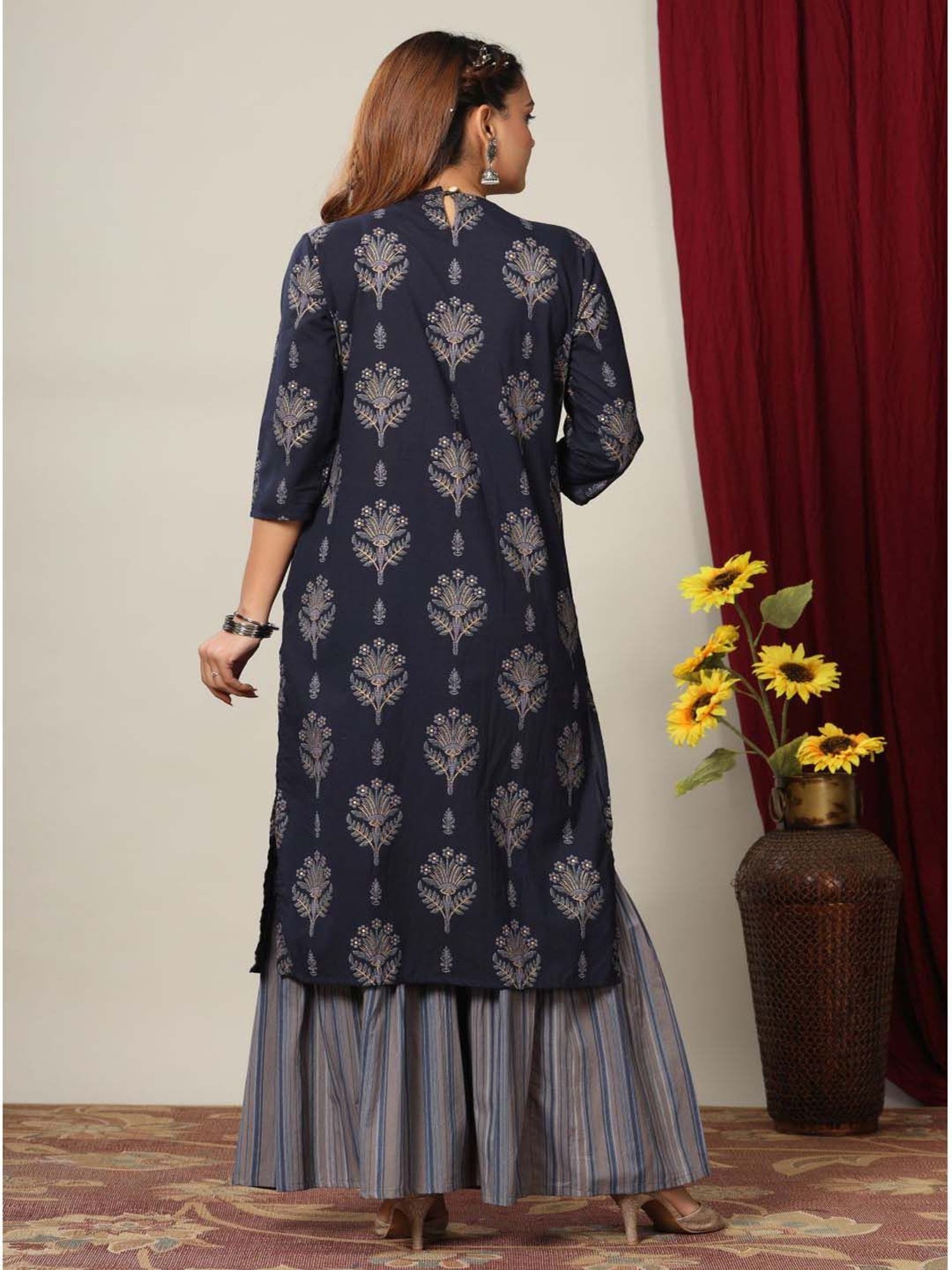 Miravan Blue Cotton Printed Kurta Palazzo Set