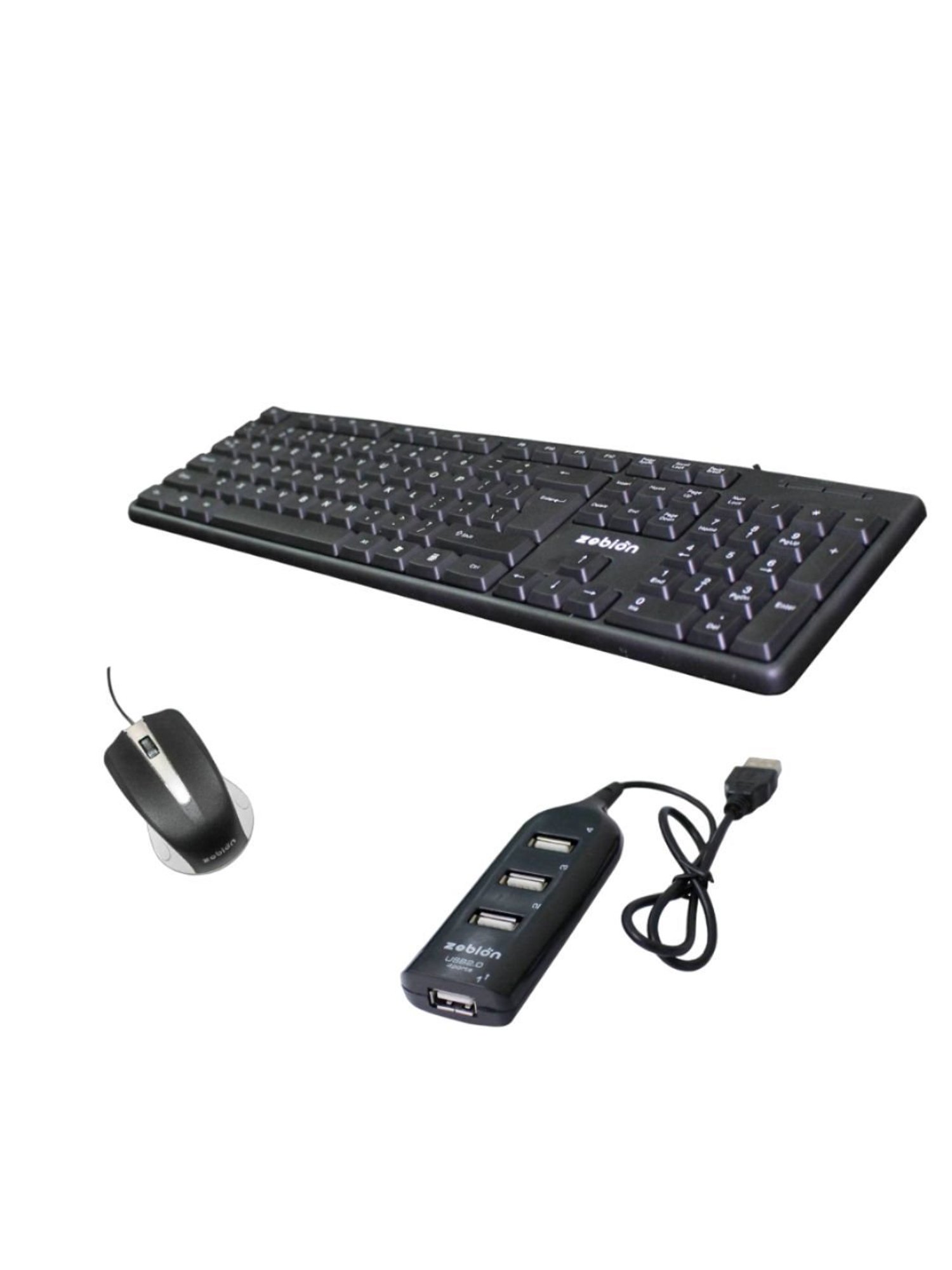 Zebion K500 Wired Keyboard, Rocky Wired Mouse Combo Set with Pronto 101 USB Hub (Black)