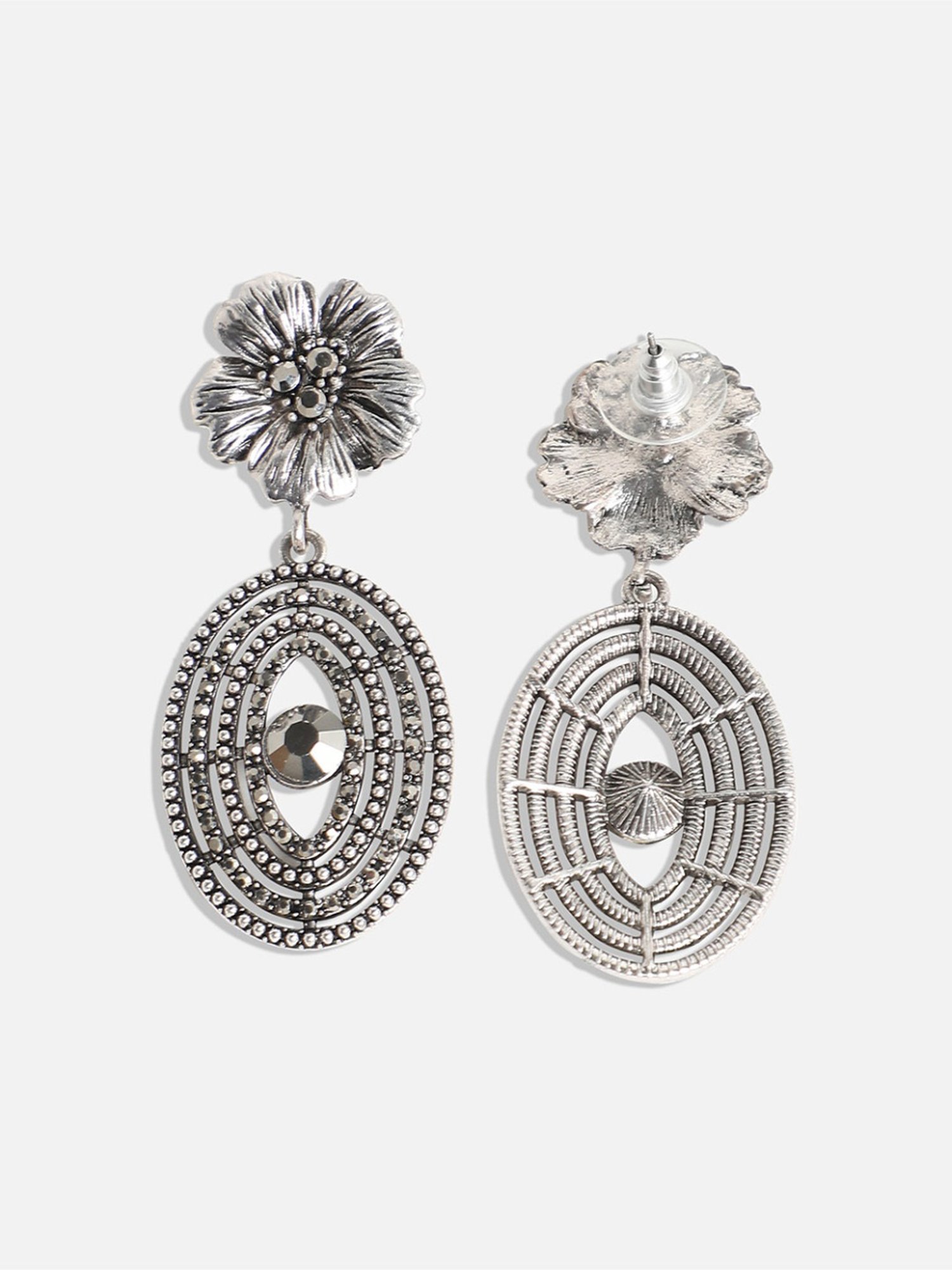 Sohi Circular Lined Daisy Silver Dangler Earrings for Women & Girls