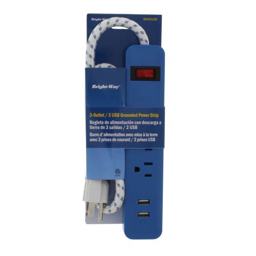 Bright-Way Grounded Power Strip - 3 Outlet, 2 USB - Blue