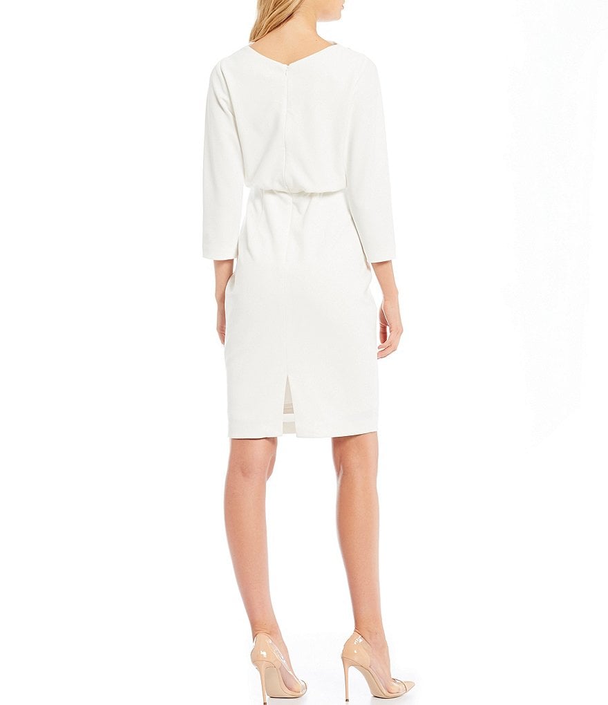 Belle Badgley Mischka Draped Boat Neck 3/4 Sleeve Blouson Dress