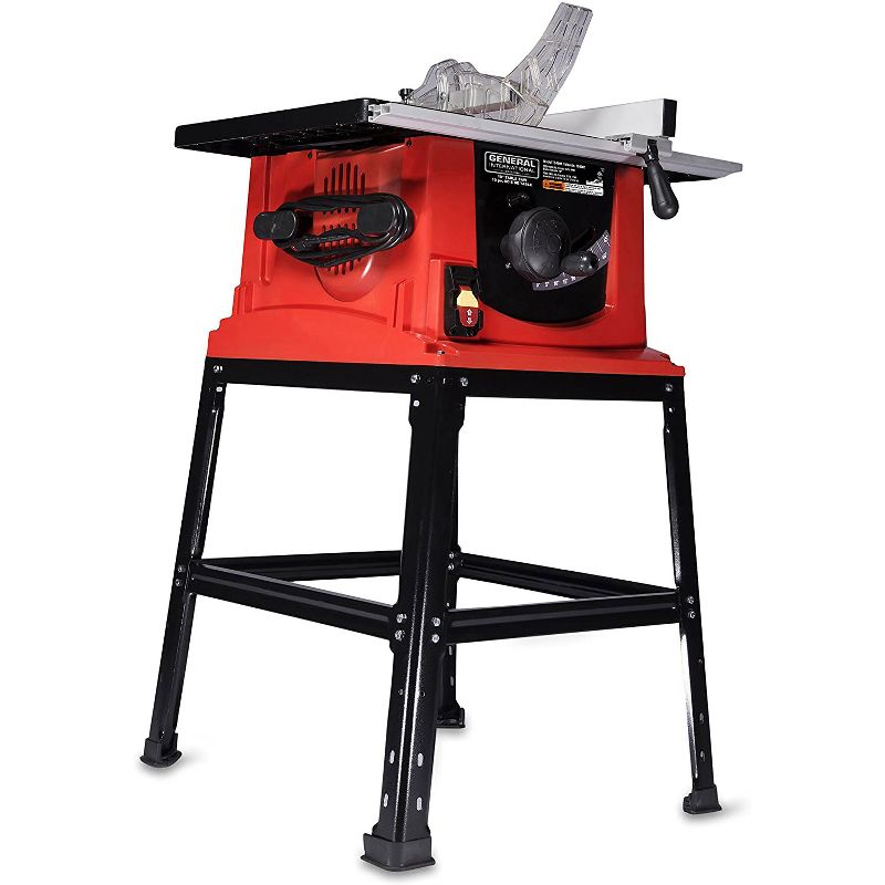 General International TS4001 Steel 10 Inch Woodworking Table Power Saw Tool with Work Stand, Safety Switch, Miter Gauge, and Blade Guard, Red