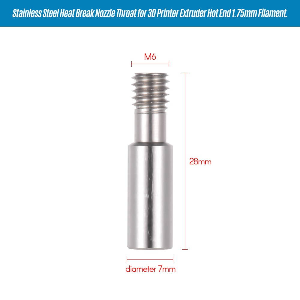 Creality 3D Stainless Steel Heat Break Nozzle Throat M6 * 28mm for 3D Printer Extruder Hot End 1.75mm Filament, 5pcs