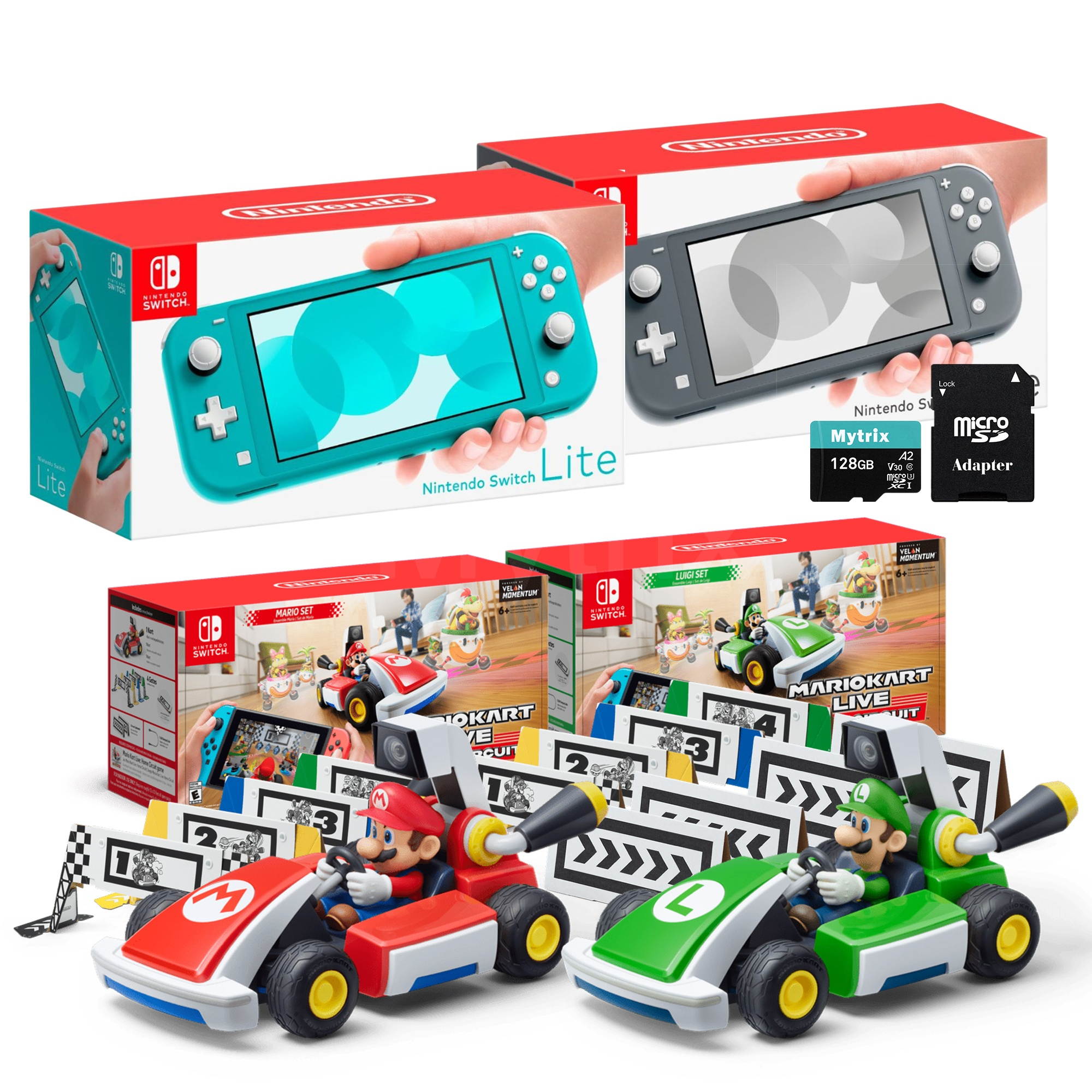Nintendo Switch Two Sets of Consoles and Karts Holiday Combo: Nintendo Switch Lite Turquoise Console, Switch Lite Gray Console, Mario Kart Live: Home Circuit - Mario Set and Luigi Set, 128GB MicroSD