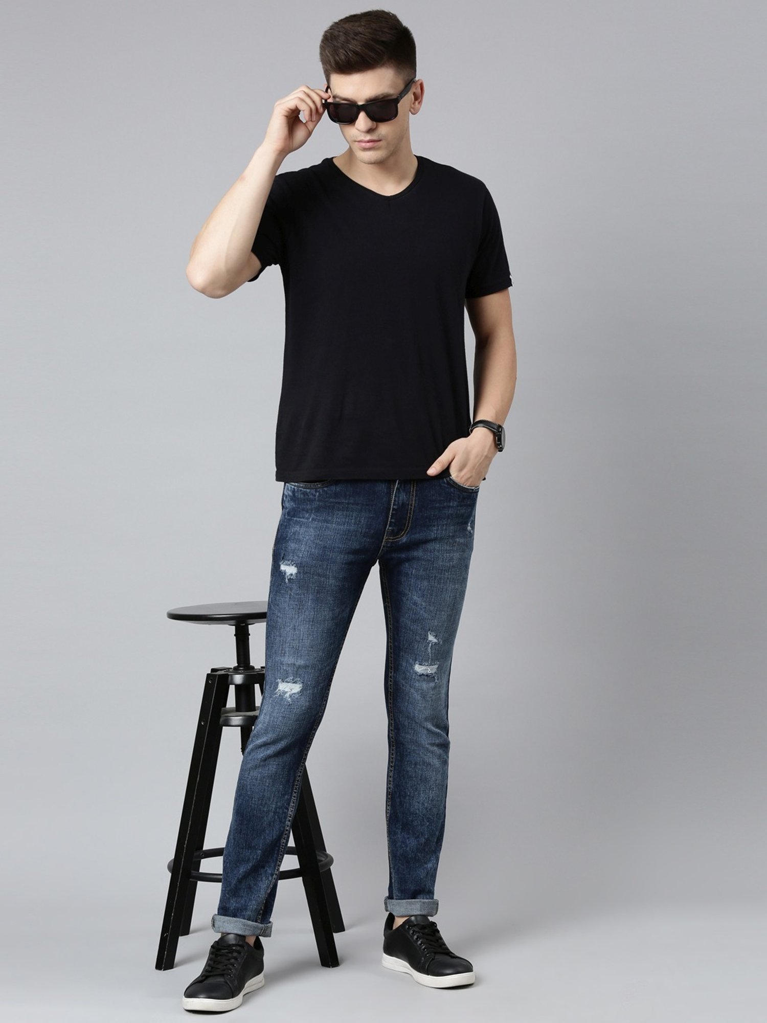 CINOCCI Blue Cotton Slim Fit Distressed Jeans