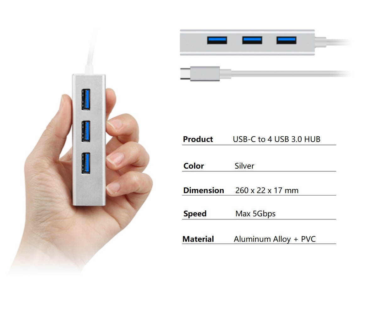 Type-C to 4 x USB3.0 HUB 5Gbps SuperSpeed Data Transmission, USB C Adapter with 4 USB 3.0 HUB. USB-C to 4 USB3.0 OTG HUB.