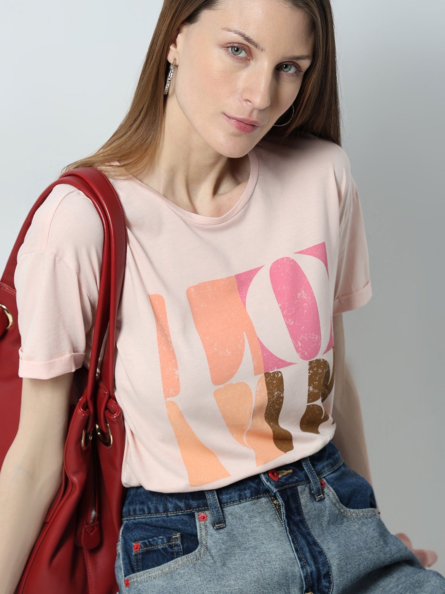 Vero Moda Pink Cotton Graphic Print T-Shirt