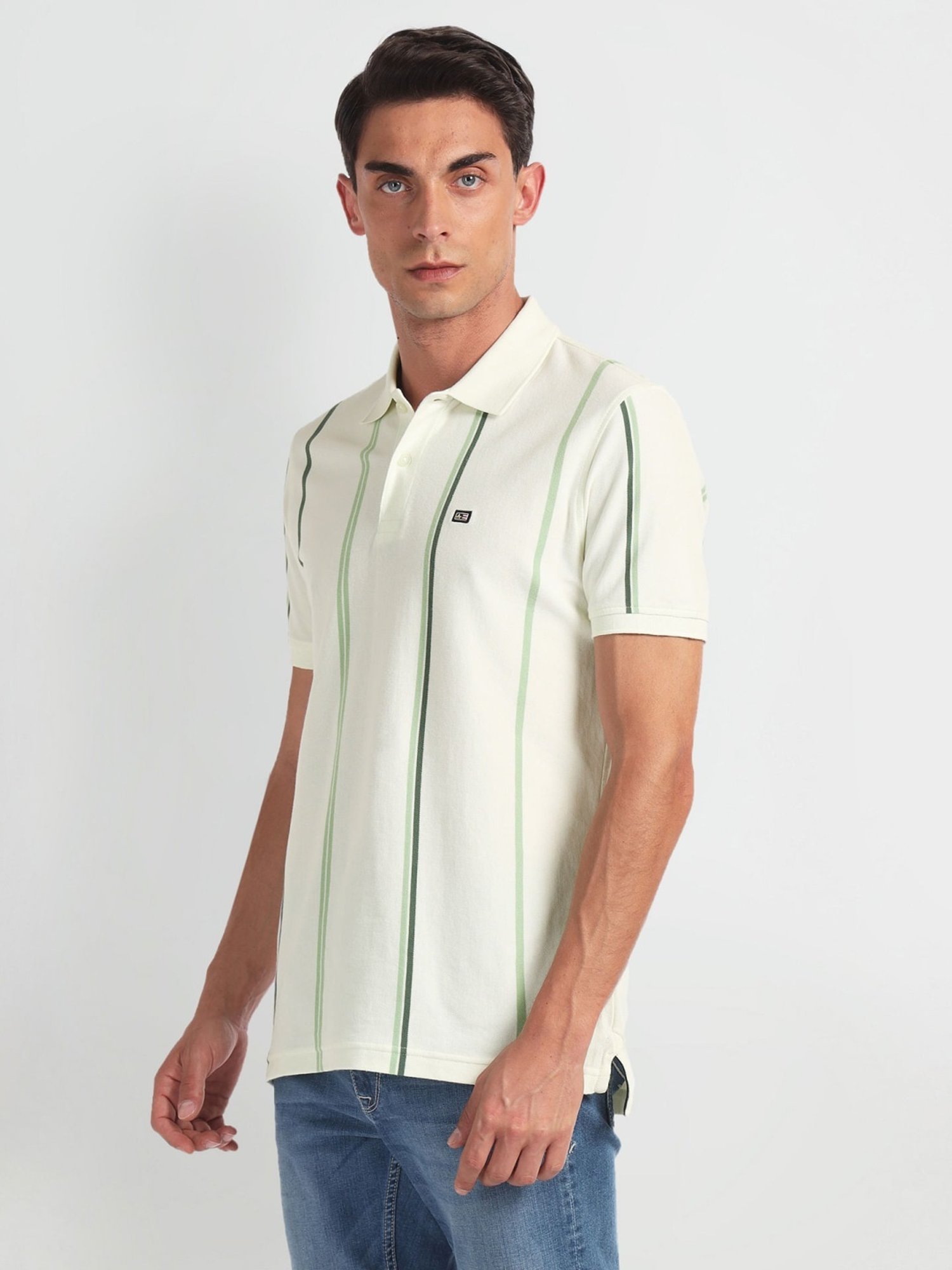 Arrow Sports Green Cotton Regular Fit Striped Polo T-Shirt