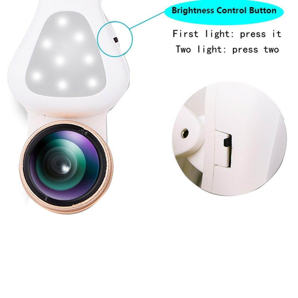 EIGIIS 4 In 1 Cell Phone Lens With Beauty 8 LED Flash Light 205&deg;Fisheye Lens 15X Macro Lens 0.62X Wide Angle Lens For Most Smartphones (Rose Gold)