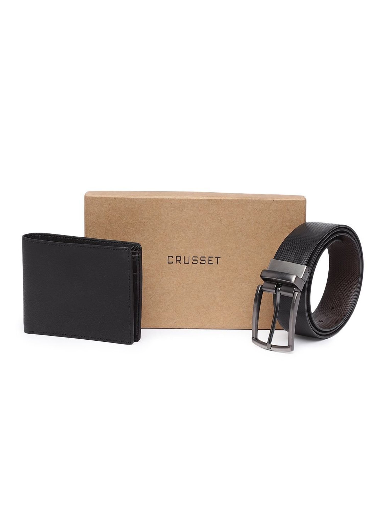 Crusset Black Formal Belt & Bi-Fold Wallet Combo Set for Men