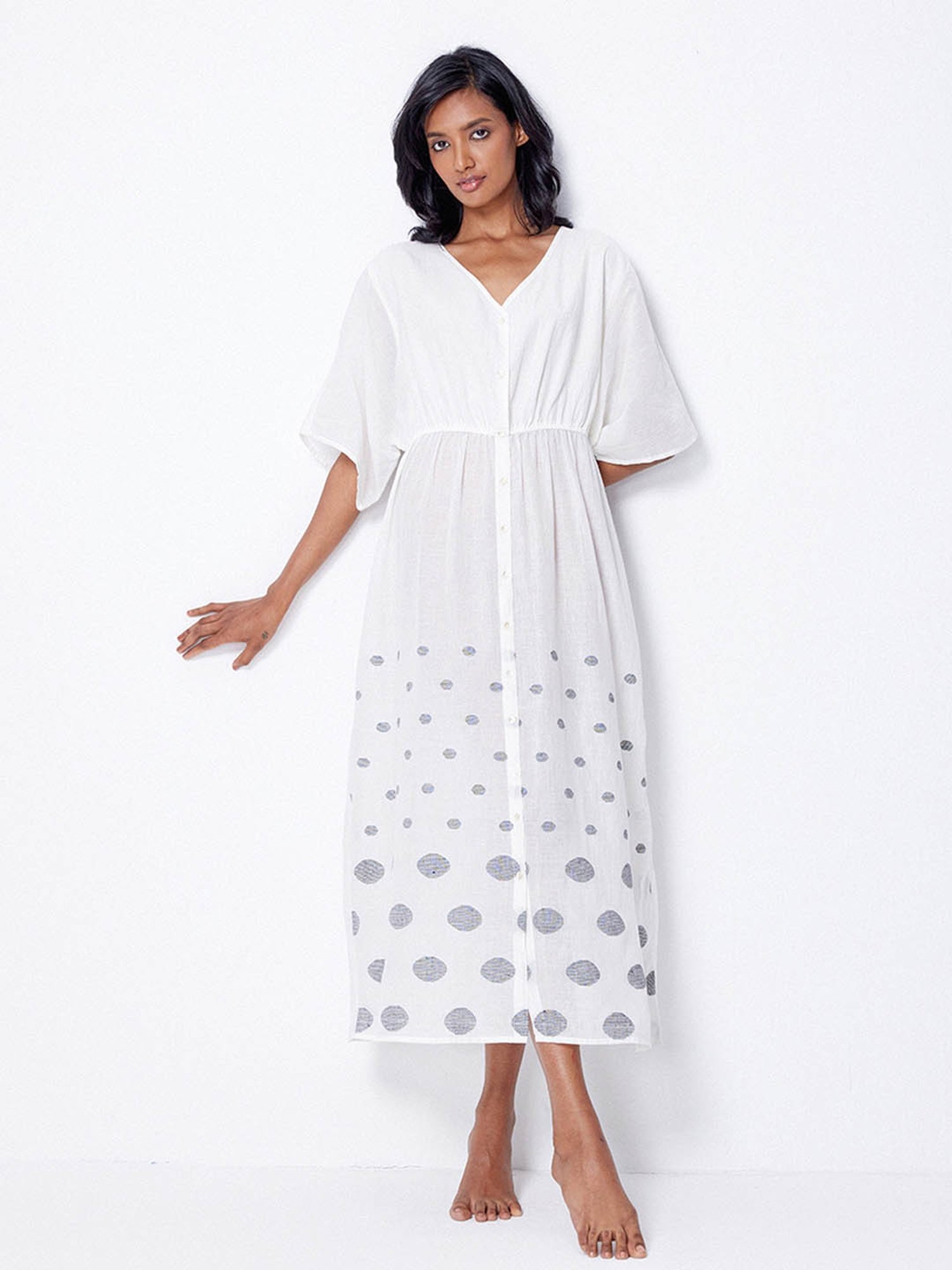 ANCESTRY White Cotton Printed Midi Dress