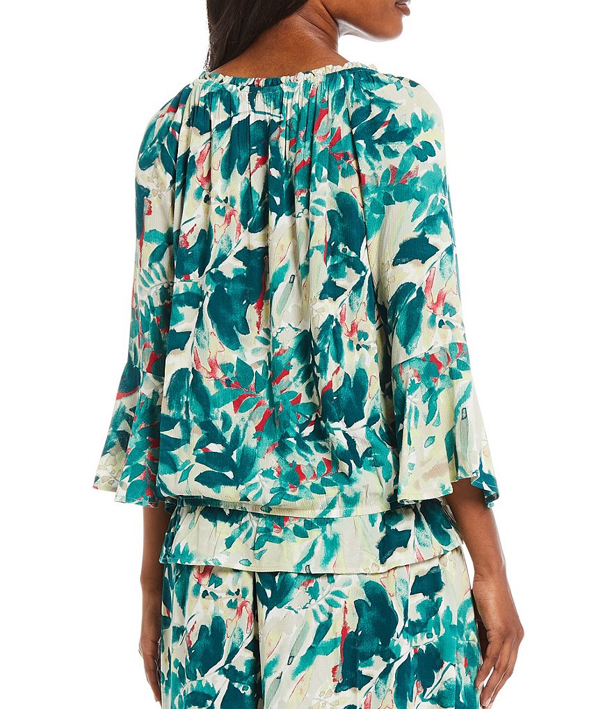 I.N. Studio Petite Size Tropical Watercolor Floral Print Crepon Tie Detail Round Neck 3/4 Sleeve Peplum Top