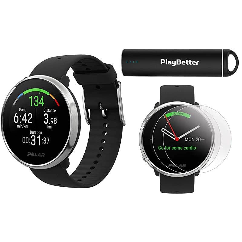 Polar Ignite Fitness GPS Watch Power Bundle (White-Silver, M/L) | with  HD Screen Protectors & Portable Charger | Polar Precision Heart Rate, Integrated GPS & Sleep Plus Tracking