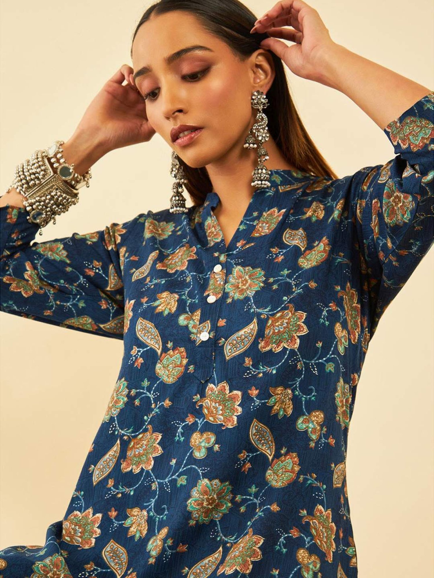 Soch Womens Navy Blue Rayon Floral Foil Printed Mandarin Collar Tunic