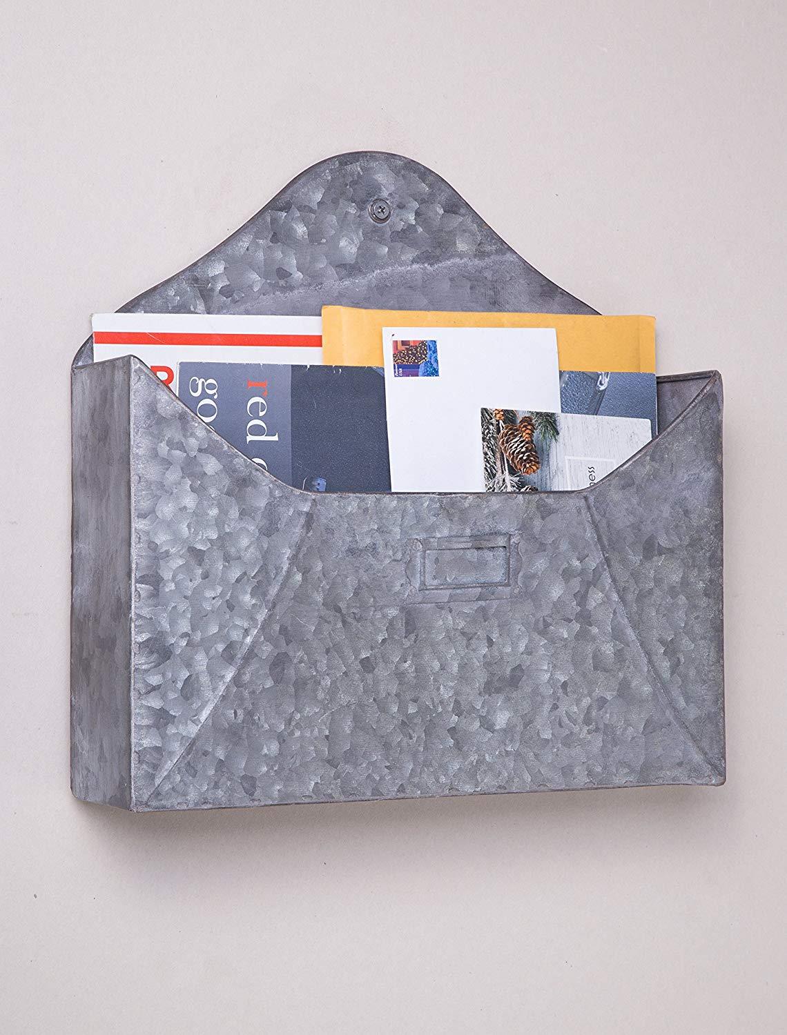 Rustic Galvanized Metal Wall Pocket, Wall Mounted Decorative Storage Bin, Set of 2 Sizes, 11-inch & 13-inch