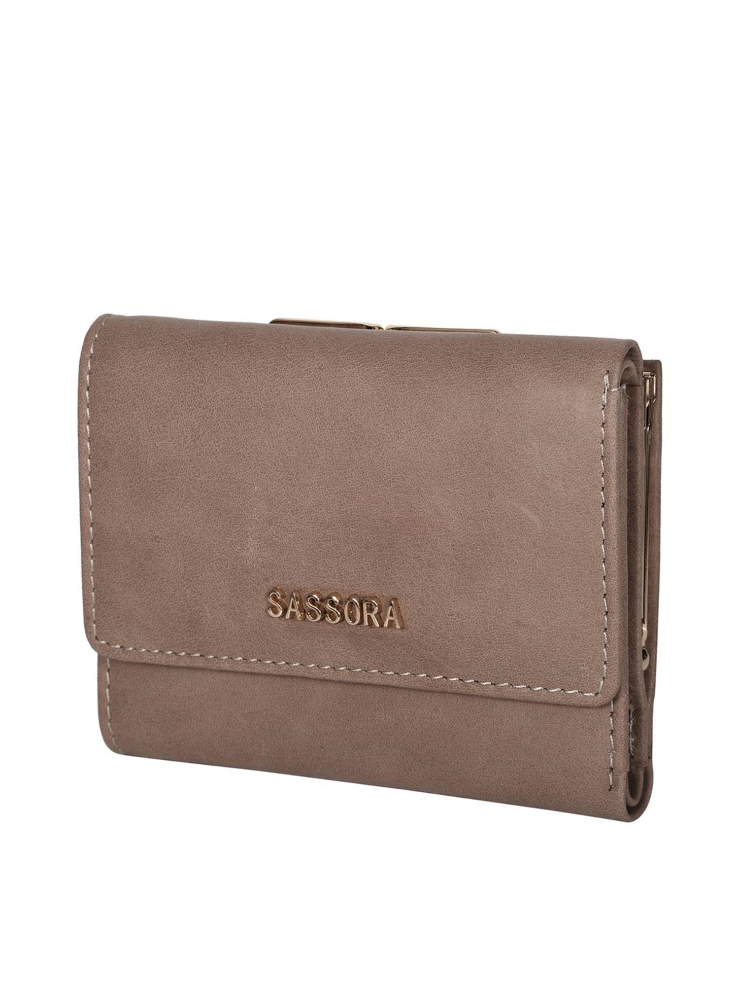 SASSORA Beige Solid Rfid Tri-Fold Wallet for Women