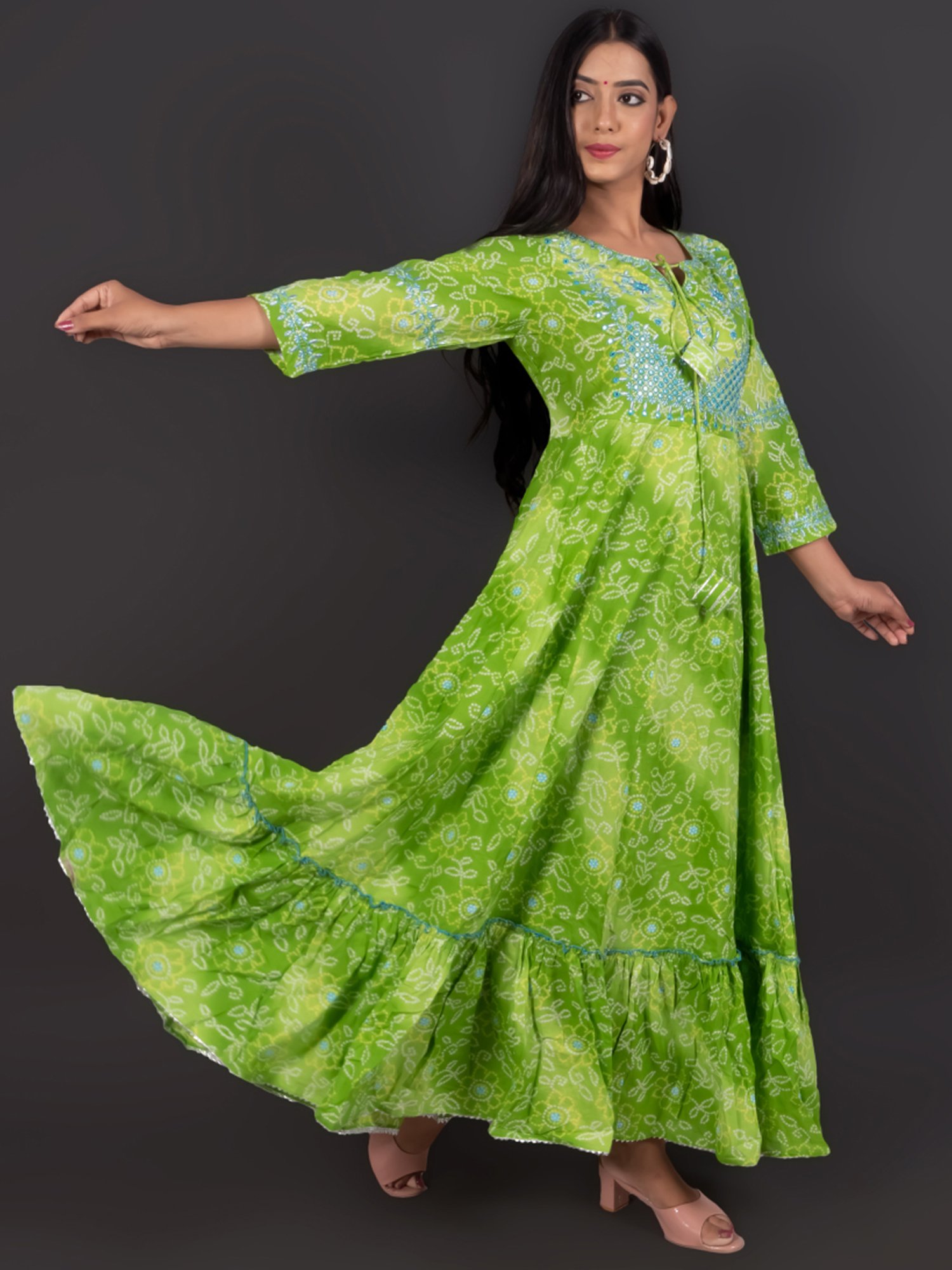 Zolo Label Green Cotton Embroidery Maxi Dress With Dupatta