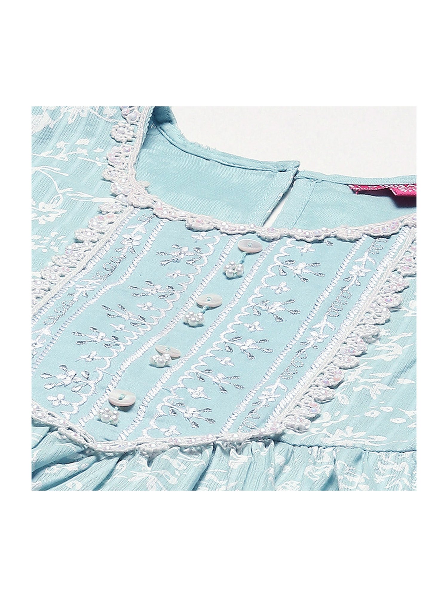 BIBA Girls Kids Powder Blue Cotton Embroidered Kurta Set