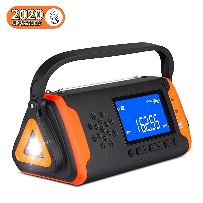 Weather Crank Radio 4000mAh - Portable, Solar Powered, Hand Crank, AM/FM/NOAA Weather Alert Radio, Aux Music Play, USB Cell Phone Charger, SOS Alarm, LED Flashlight for Hurricanes,Tornadoes