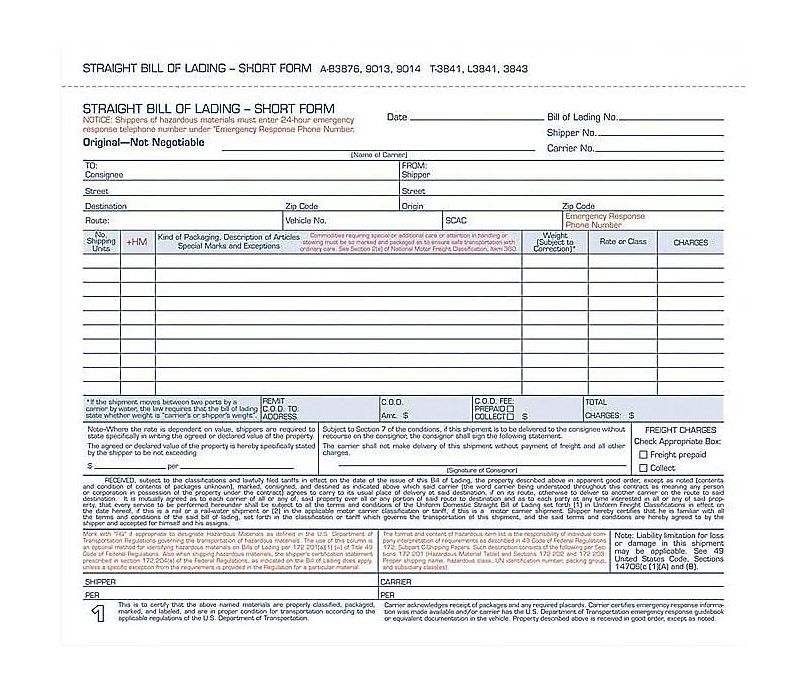 Adams 3-Part Carbonless Bill of Lading Pack 8.5"L x 7.44"W 250 Forms/Pack 196253