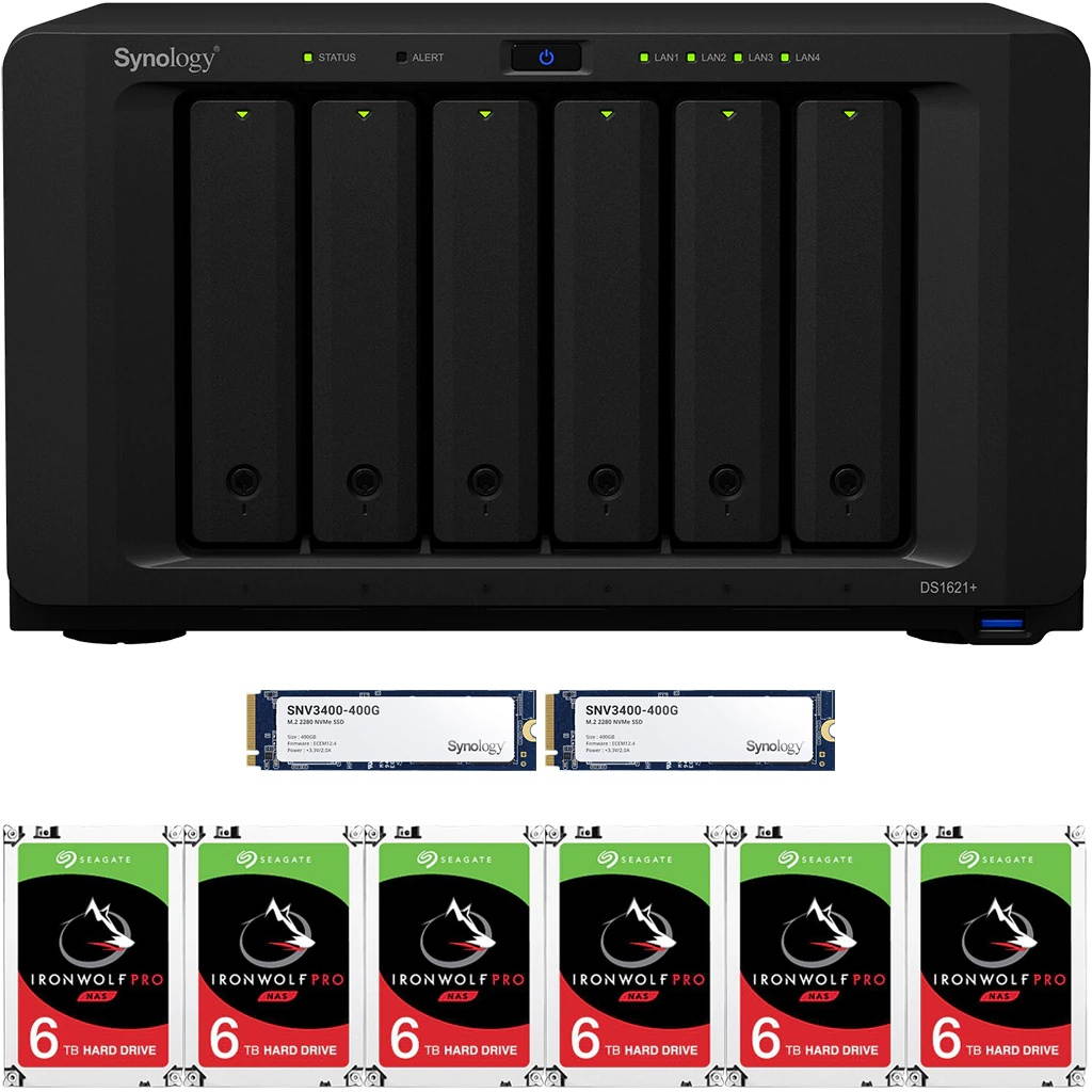 Synology DS1621+ DiskStation with 32GB RAM and 72TB (6 x 12TB) of Seagate Ironwolf PRO NAS Drives and 800GB (2x400GB) NVME Cache Fully Assembled and Tested By CustomTechSales