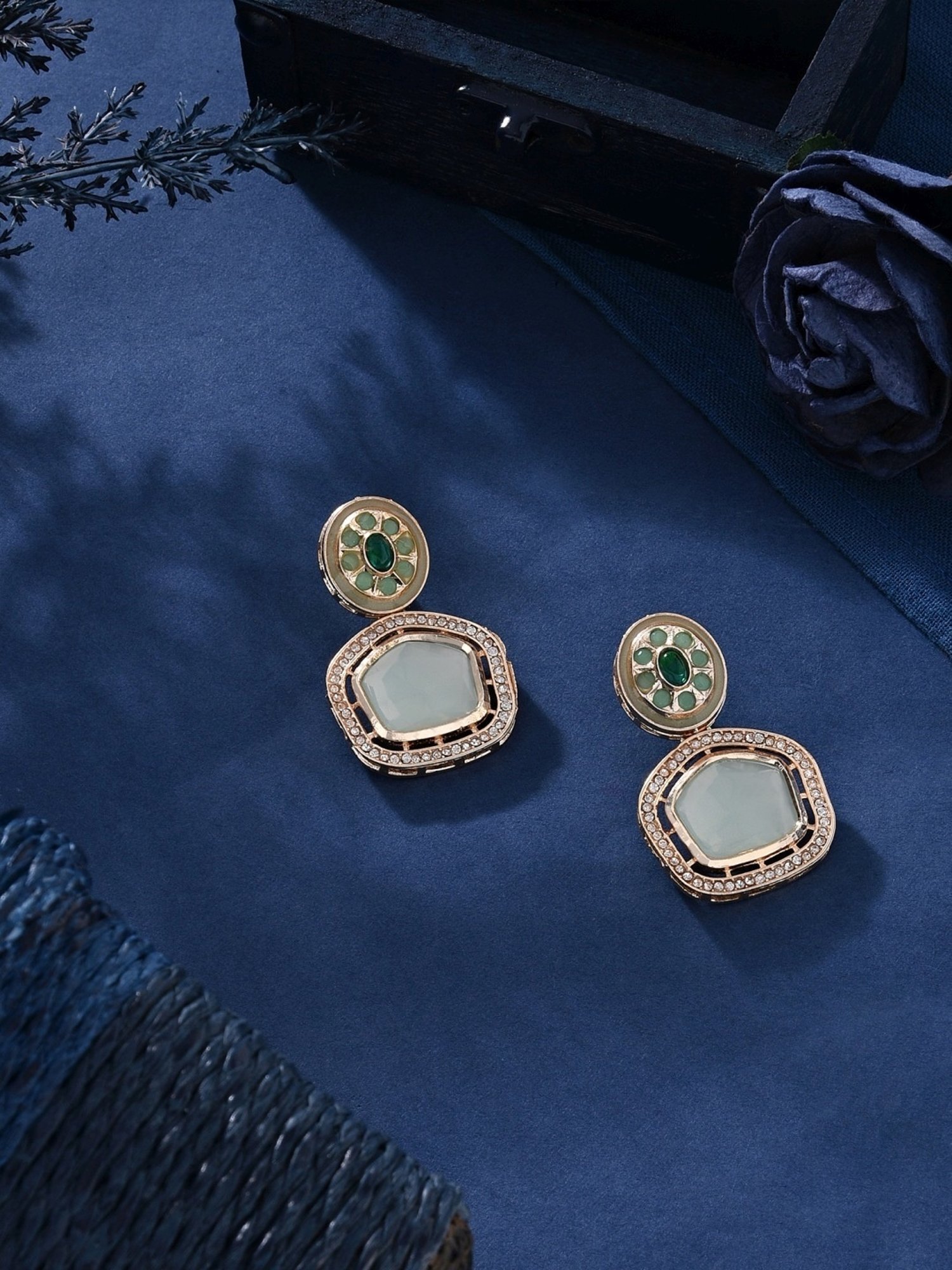 Zaveri Pearls Mint Green Stones & Dazzling Austrian Diamond Drop Earrings-ZPFK16188