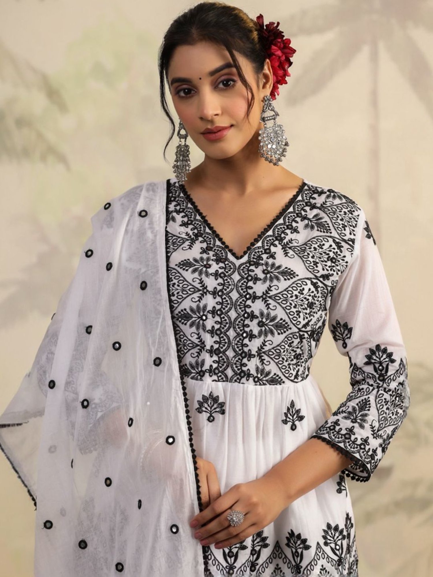 SCAKHI White Mulmul Sequin And Mirror Embroidered Peplum Kurta With Sharara And Dupatta