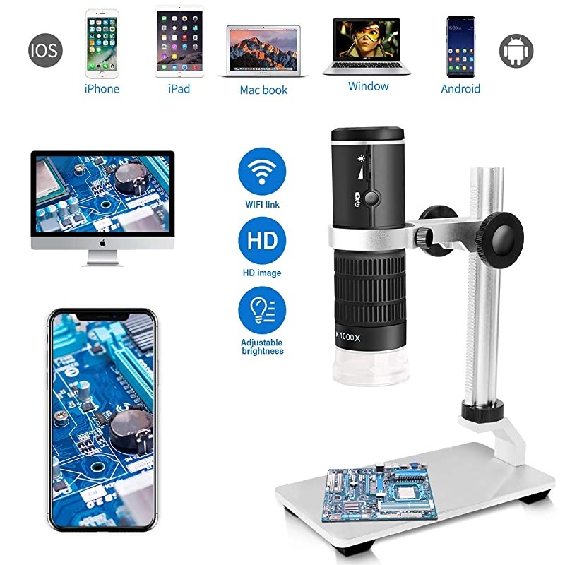 WiFi USB Digital Microscope HD 1080P Resolution 50 to 1000x Wireless Magnification Endoscope 8 LED Mini Camera with Updated Stand Portable Case Compatible with iPhone iPad Android Mac Windows