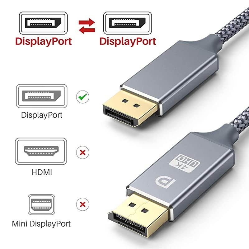 DisplayPort Cable 4K DP Cable Nylon Braided 4K60Hz 2k144Hz Ultra High Speed DisplayPort to DisplayPort Cable 3ft for Laptop PC TV etc Gaming Monitor Cable Grey