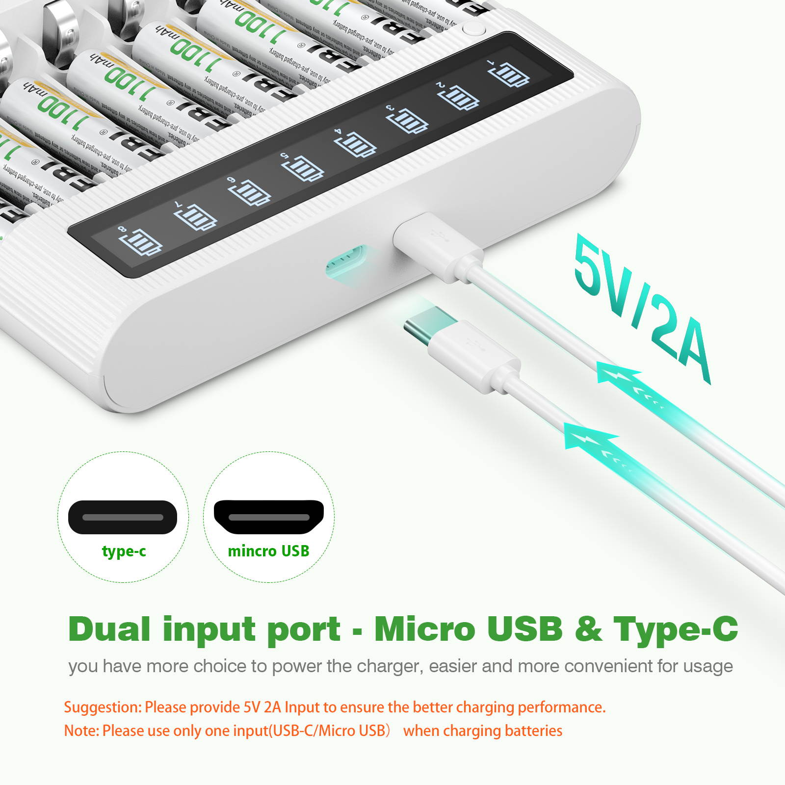 EBL AA Battery Charger LCD Smart Charger - AA AAA NiMh NiCd Rechargeable Battery Charger with Discharge Function, Micro USB and Type-C Input