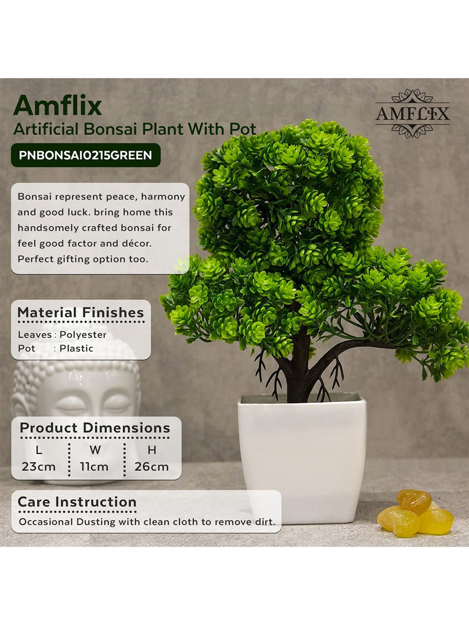 Amflix Green Artificial Bonsai Plant With Pot