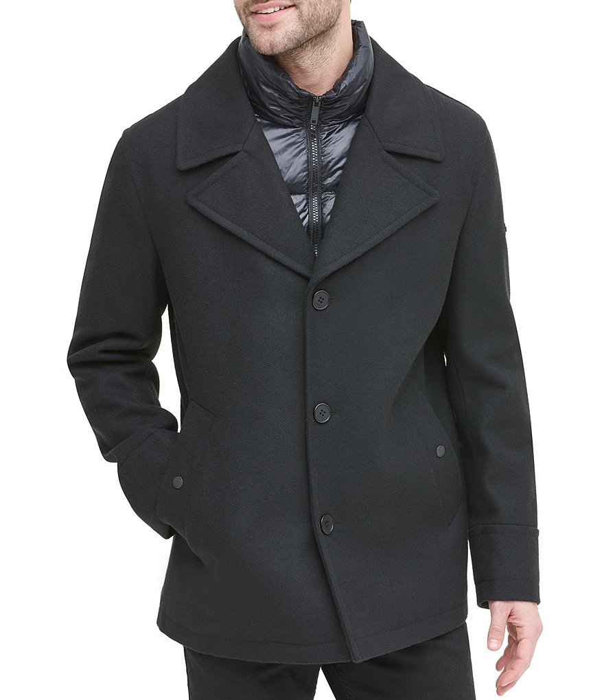 DKNY Long-Sleeve Nylon Quilted-Bib Wool-Blend Peacoat