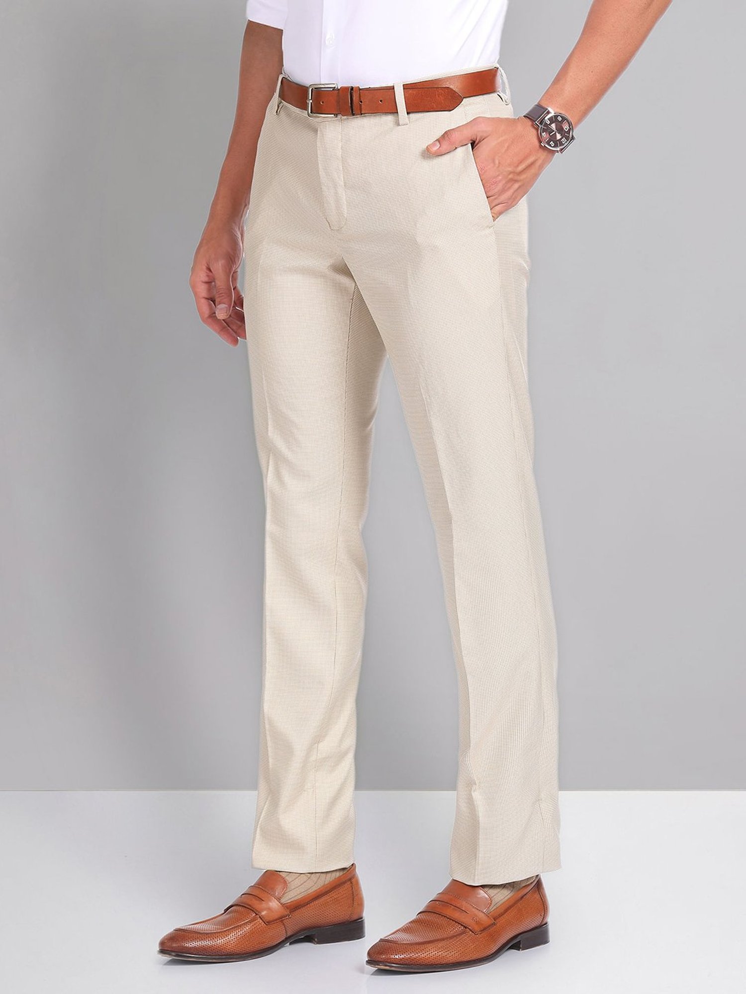 AD by Arvind Beige Slim Fit Flat Front Trousers
