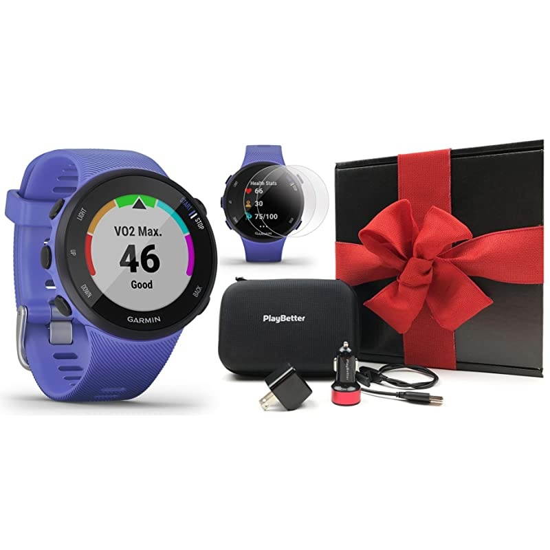 Garmin Forerunner 45S GPS Running Watch Gift Box Bundle | Includes  HD Screen Protectors, USB Adapters & Hard Case | Heart Rate Watch | Pace, Distance, Stress Tracking | Iris, 010-02156-01