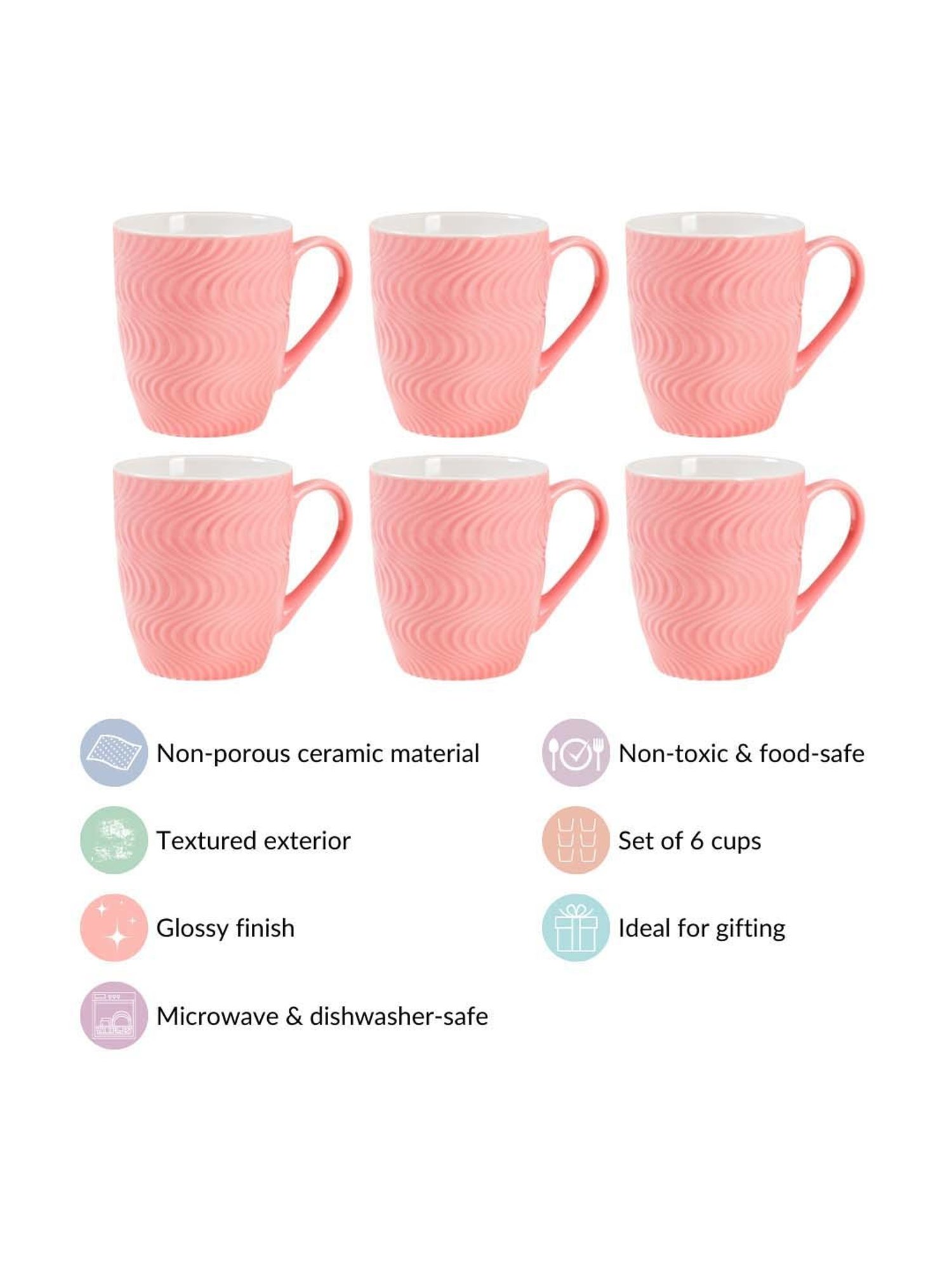 Nestasia Ocean Waves Pink Textured Ceramic Mugs Set Of 6 230ml