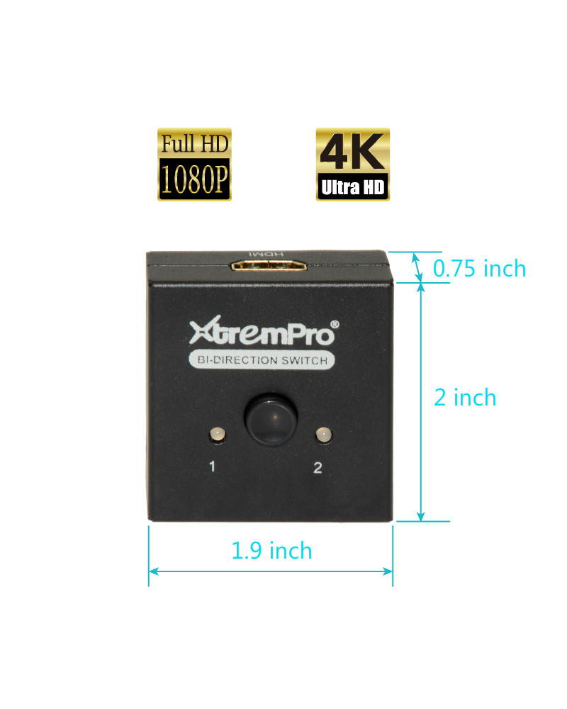 XtremPro 4K HDMI 4K 2 Ports Bi-Direction Switch, 2 x 1 / 1 x 2 Hub-HDCP Passthrough, Supports Ultra HD 4K, 3D, 1080P, 1080i, 720p, No power Source need - Black (61032)