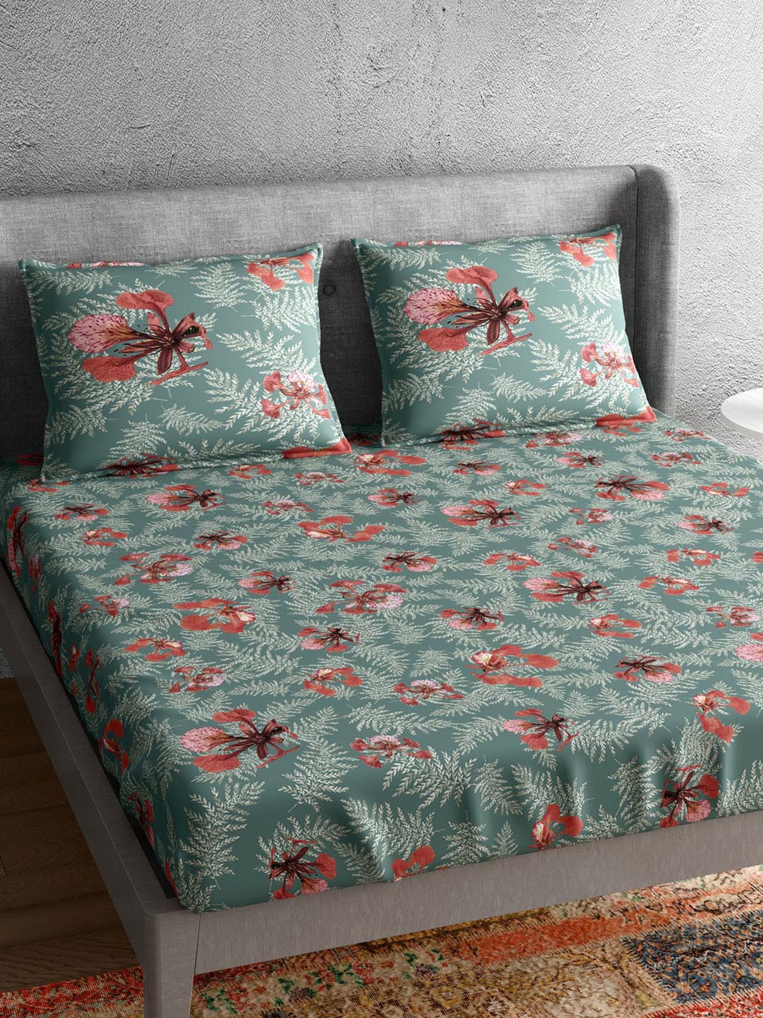 Petal Home Poinciana Floral Teal Green 300 TC Cotton Queen Size Bed Sheet with 2 Pillow Covers
