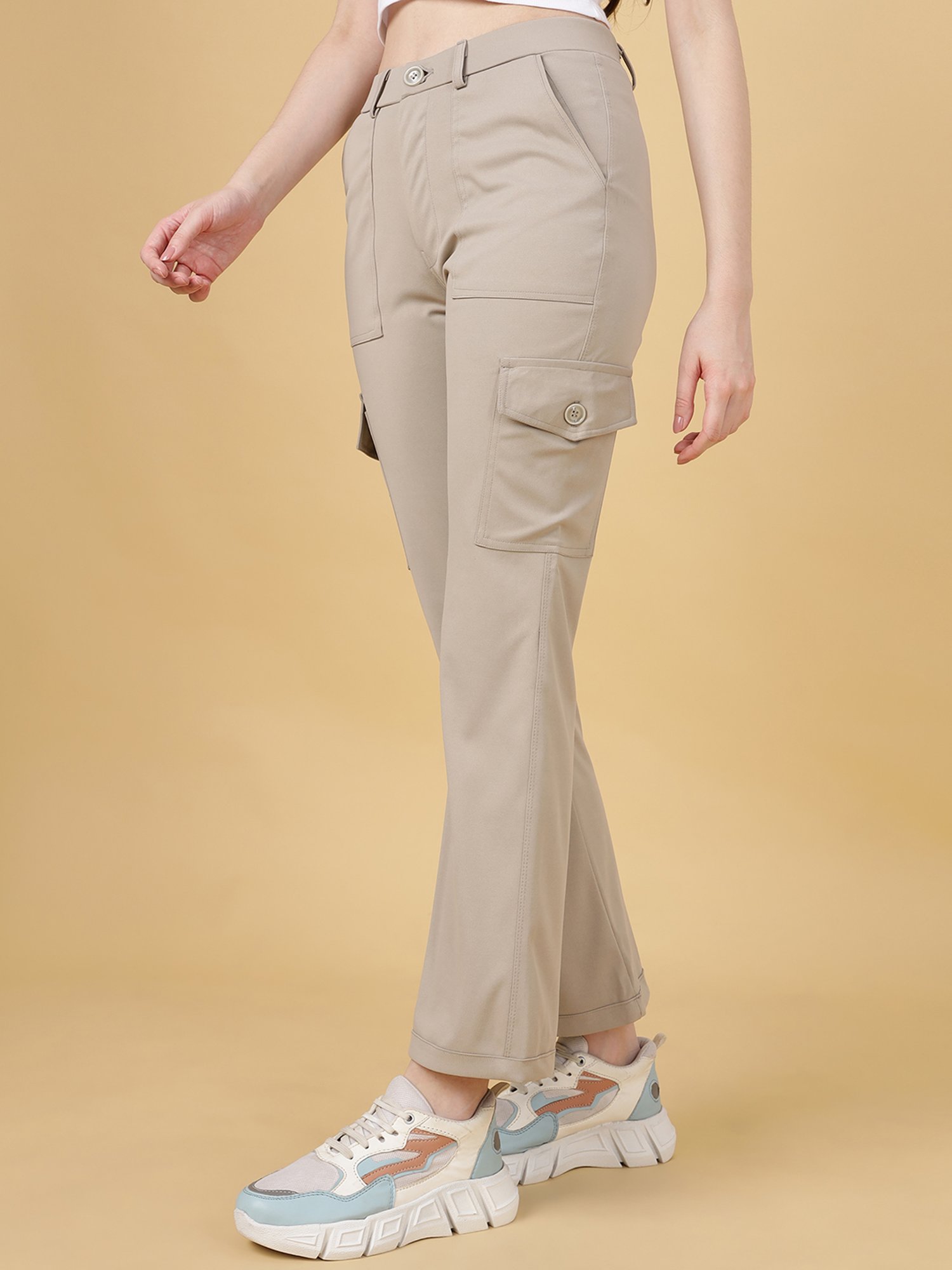 FITHUB Beige Relaxed Fit High Rise Cargo Pants