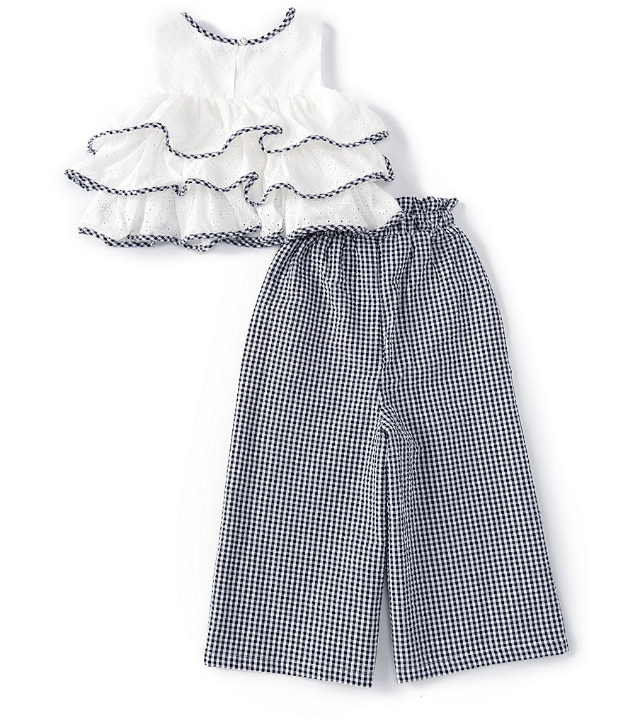 Pippa & Julie Little Girls 2T-6X Eyelet-Embroidered Tiered Tank Top & Checked Gaucho Pant Set